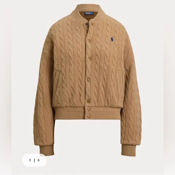 NWT Ralph Lauren - Cable-knit wool-cashmere bomber jacket, size Small, in Camel - Picture 3 of 12